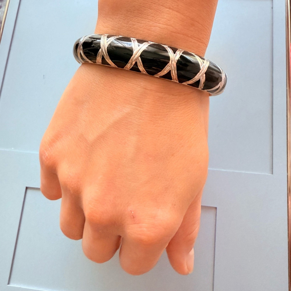 Angelique de Paris Black & 925 Sterling Silver "X" Hinged Bangle 13mm Bracelet - Picture 3 of 9